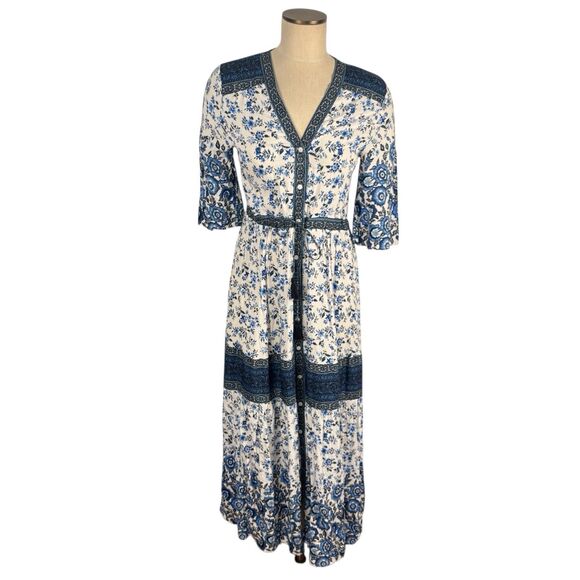 R.Vivimos Dresses & Skirts - R. Vivimos Maxi Dress M Short Sleeve Blue White Floral Cottage Prairie Button